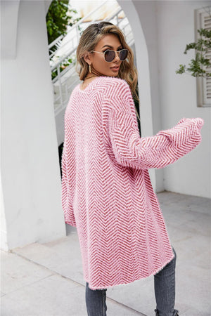 Casual Herringbone Pattern Fuzzy Longline Cardigan - MXSTUDIO.COM