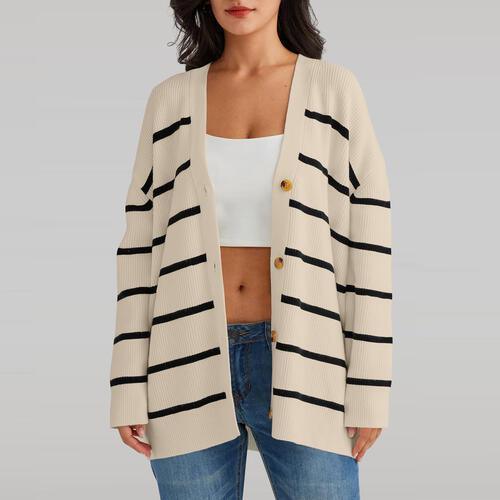 Casual Layer Striped Knit Cardigan With Buttons-MXSTUDIO.COM