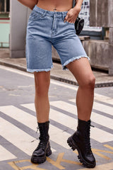 Casual Mid Rise Bermuda Raw Hem Denim Shorts - MXSTUDIO.COM