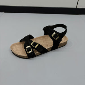 a pair of black sandals sitting on top of a table