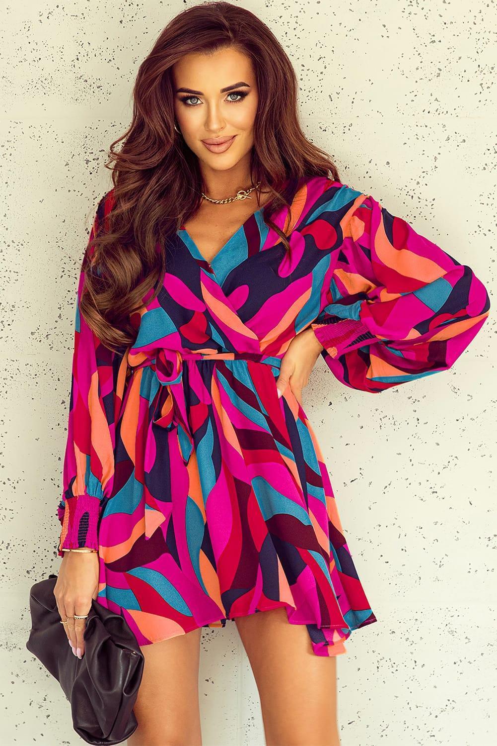 Casual Perfection Surplice Lantern Sleeve Mini Dress - MXSTUDIO.COM