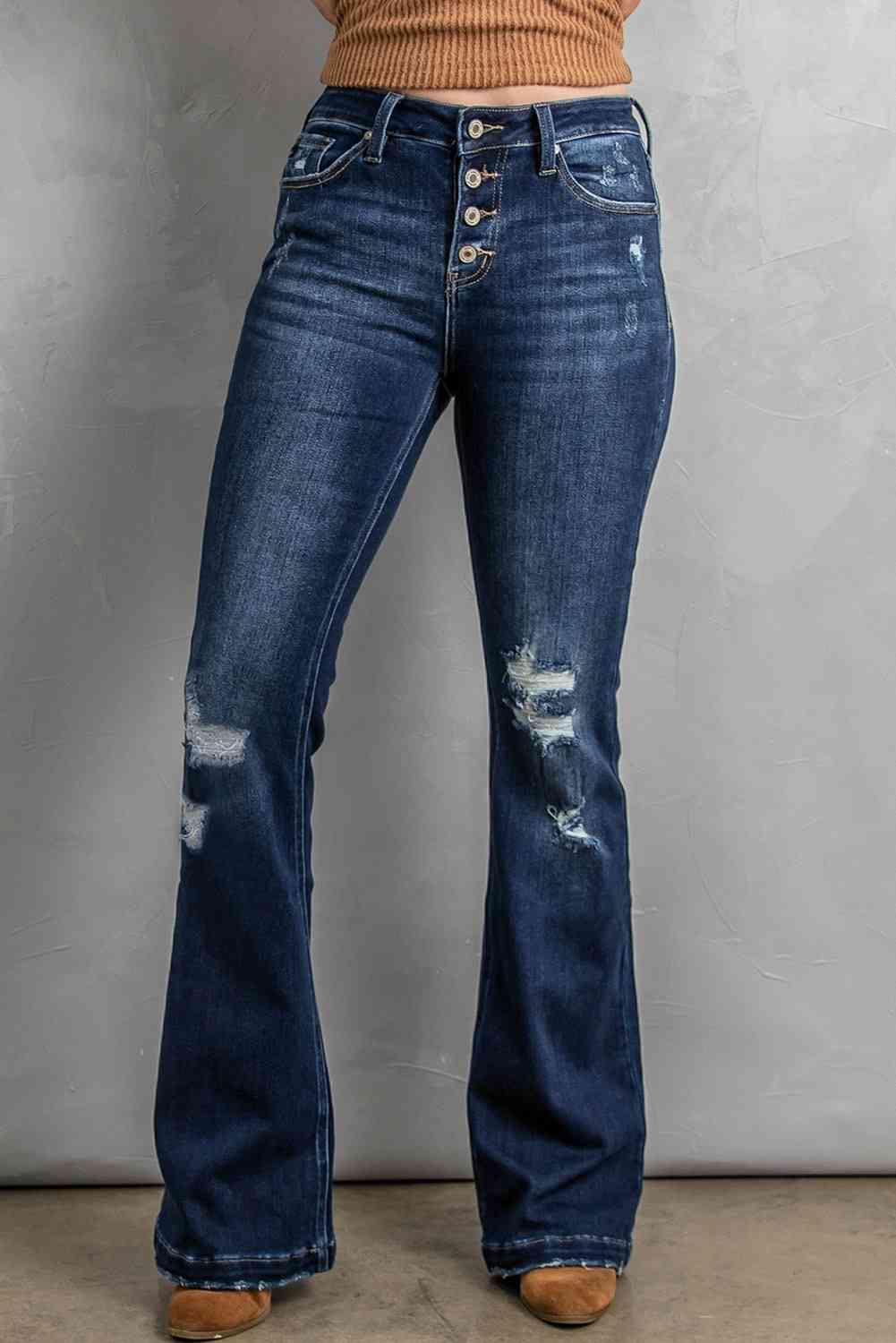 Casual Retro Button Fly Distressed Bootcut Jeans - MXSTUDIO.COM