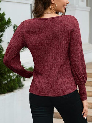 Casual Warmth Balloon Sleeve Ribbed Knit Sweater-MXSTUDIO.COM