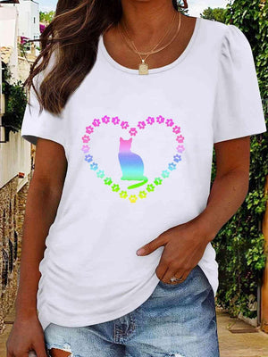 a woman wearing a white t - shirt with a cat on it