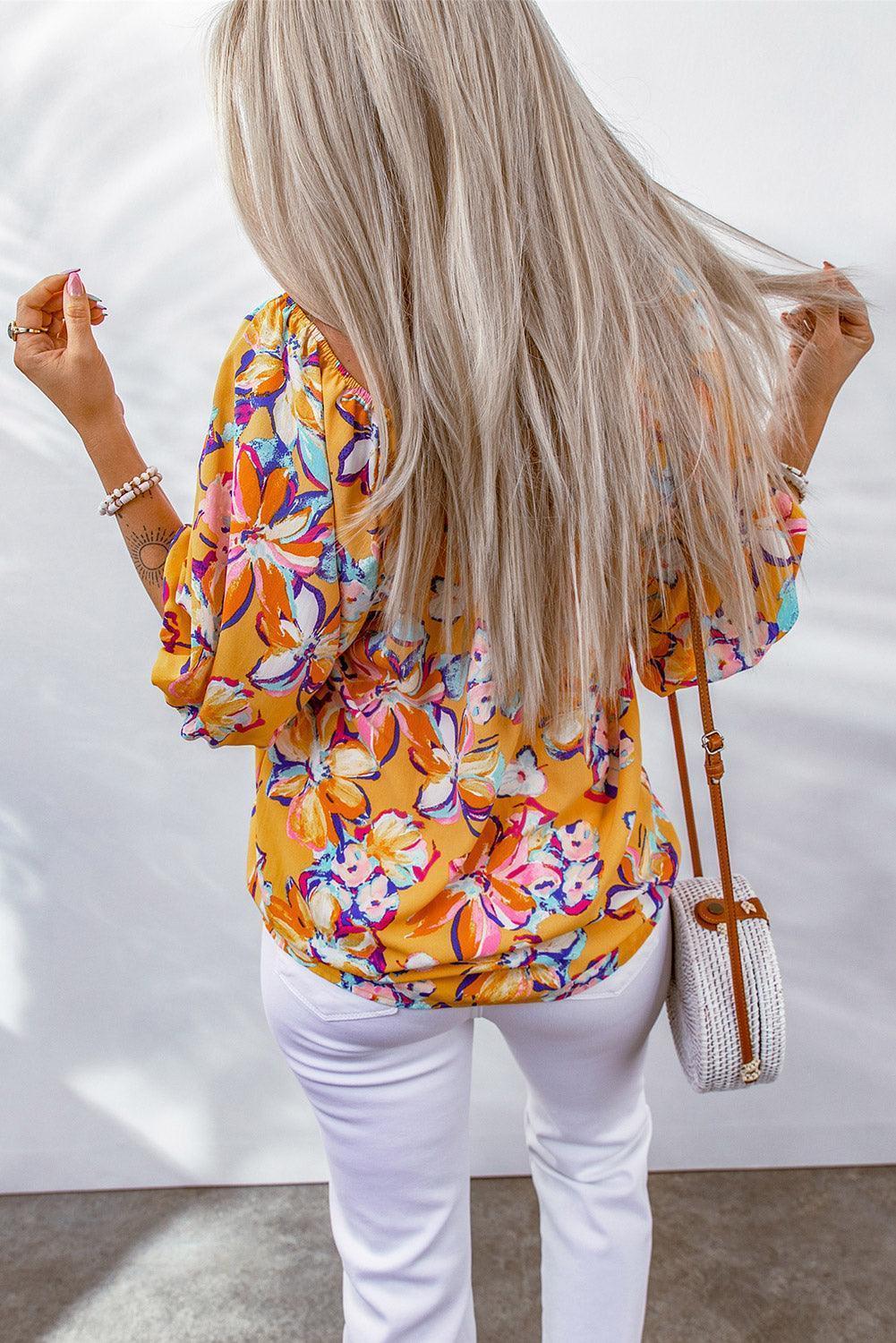 Catchy Boat Neck Floral Puff Sleeve Blouse - MXSTUDIO.COM