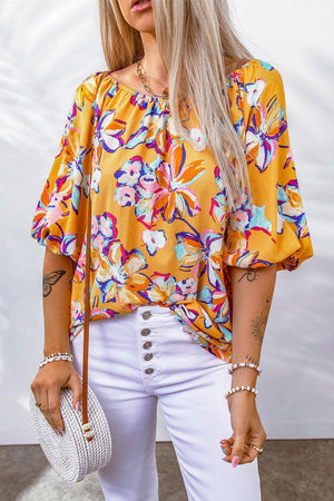 Catchy Boat Neck Floral Puff Sleeve Blouse - MXSTUDIO.COM