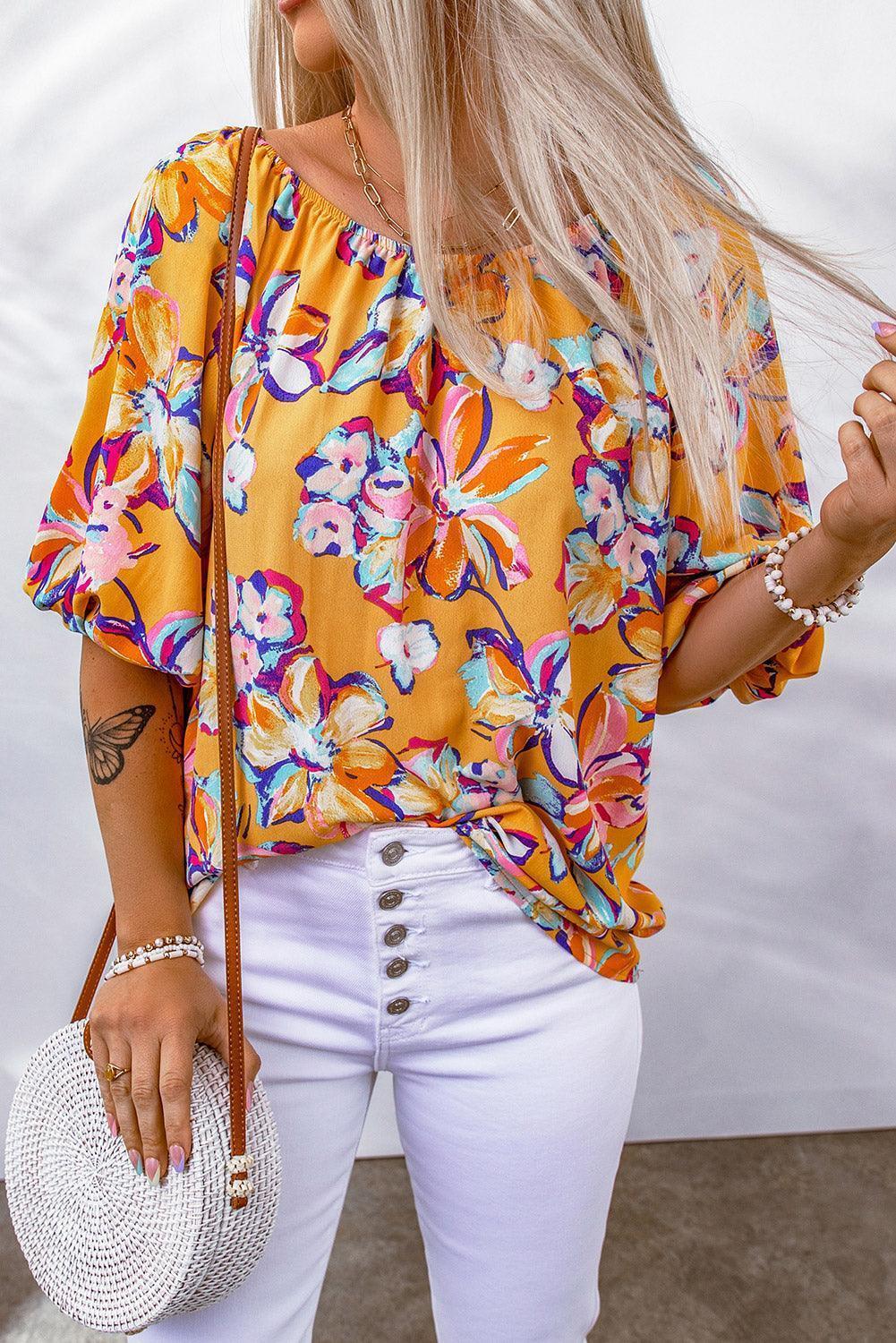 Catchy Boat Neck Floral Puff Sleeve Blouse - MXSTUDIO.COM