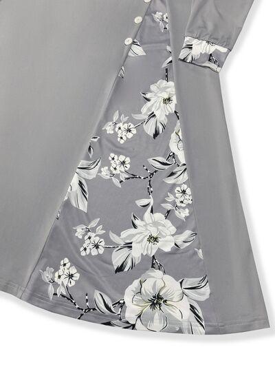a gray and white dress with flowers on it
