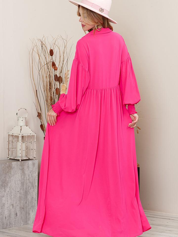 Charismatic Buttoned Hot Pink Long Sleeve Maxi Dress - MXSTUDIO.COM