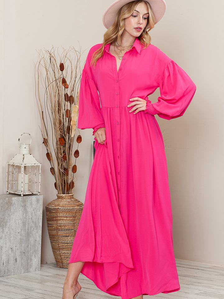 Charismatic Buttoned Hot Pink Long Sleeve Maxi Dress - MXSTUDIO.COM