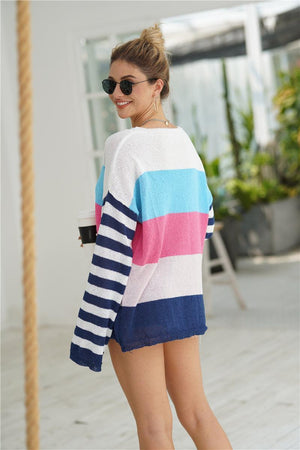 Charismatic Warmth Ribbed Trim Striped Sweater - MXSTUDIO.COM