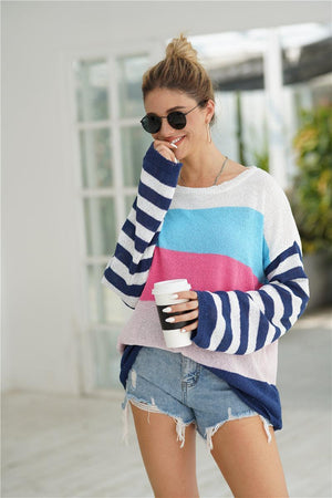 Charismatic Warmth Ribbed Trim Striped Sweater - MXSTUDIO.COM