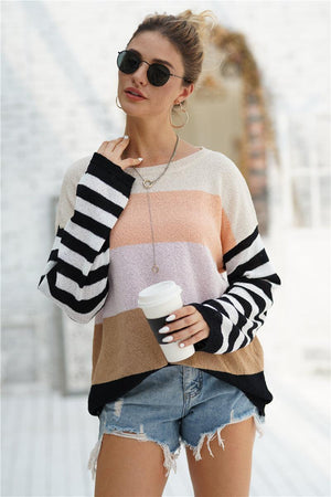 Charismatic Warmth Ribbed Trim Striped Sweater - MXSTUDIO.COM