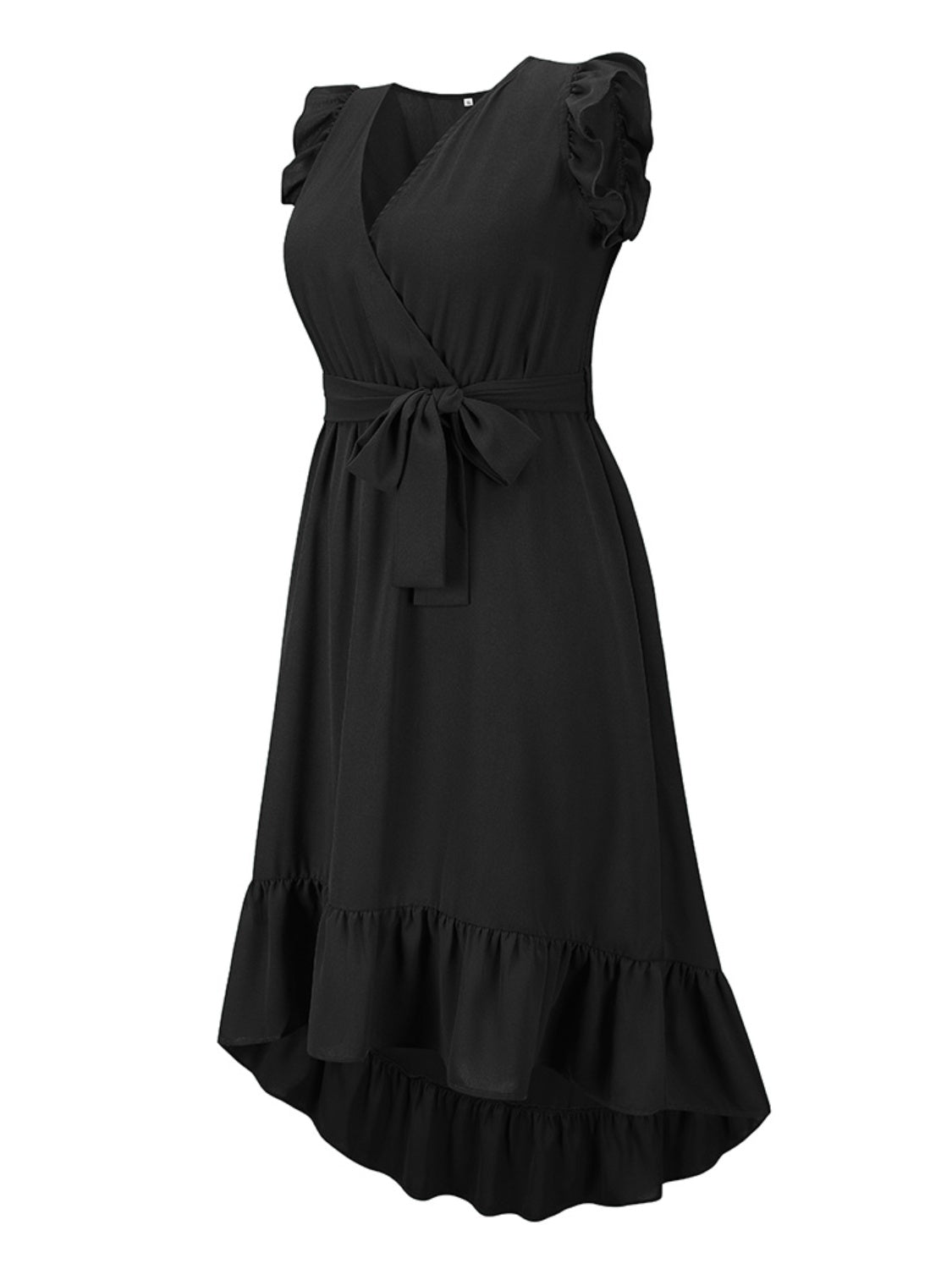 a black dress with a bow at the waist