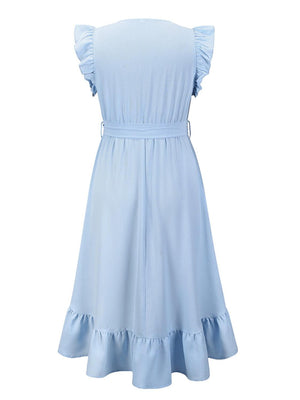 a blue dress with ruffles on the shoulders