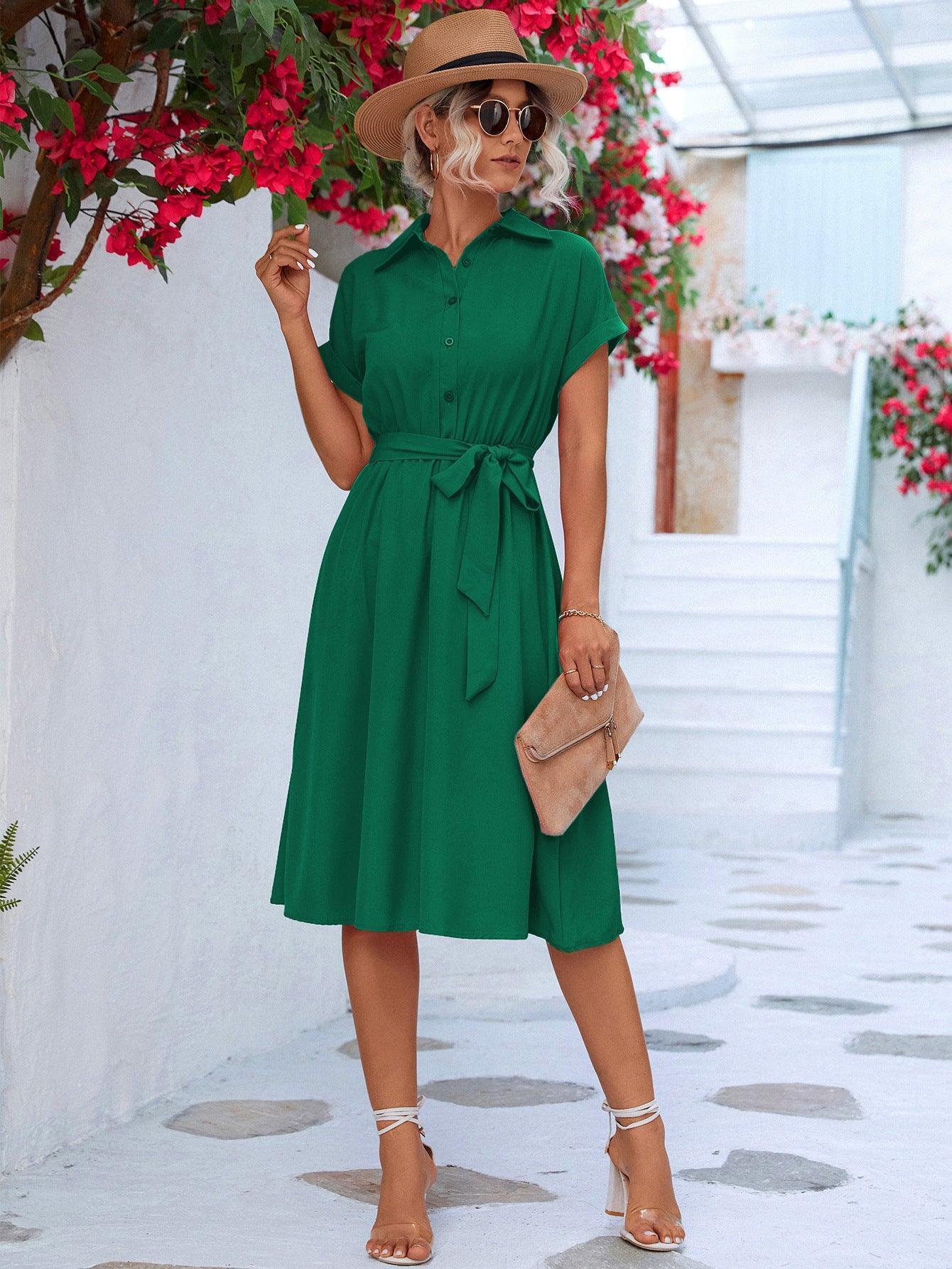 Charming Belted Short Sleeve Shirt Dress - MXSTUDIO.COM