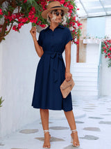 Charming Belted Short Sleeve Shirt Dress - MXSTUDIO.COM