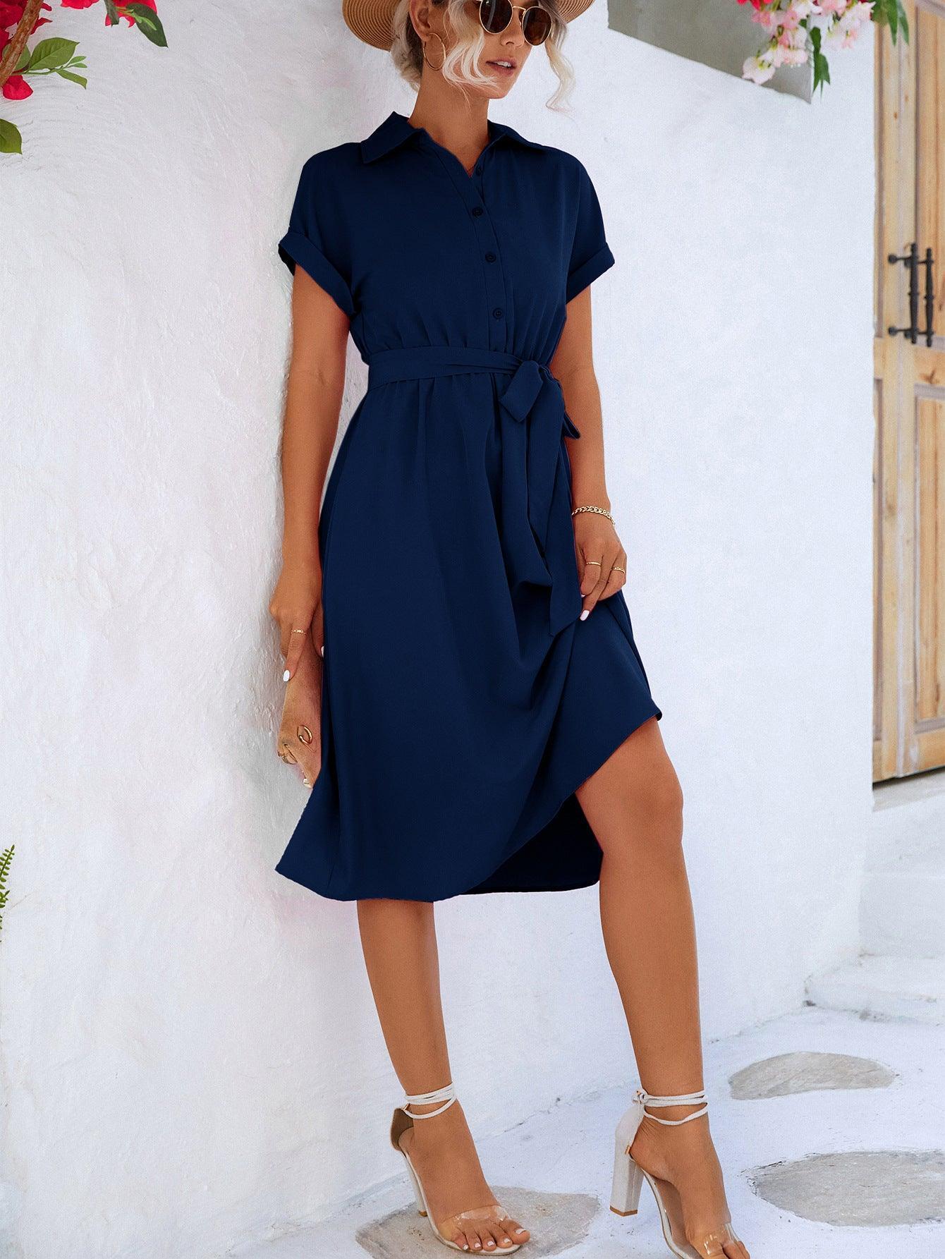 Charming Belted Short Sleeve Shirt Dress - MXSTUDIO.COM