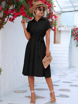 Charming Belted Short Sleeve Shirt Dress - MXSTUDIO.COM