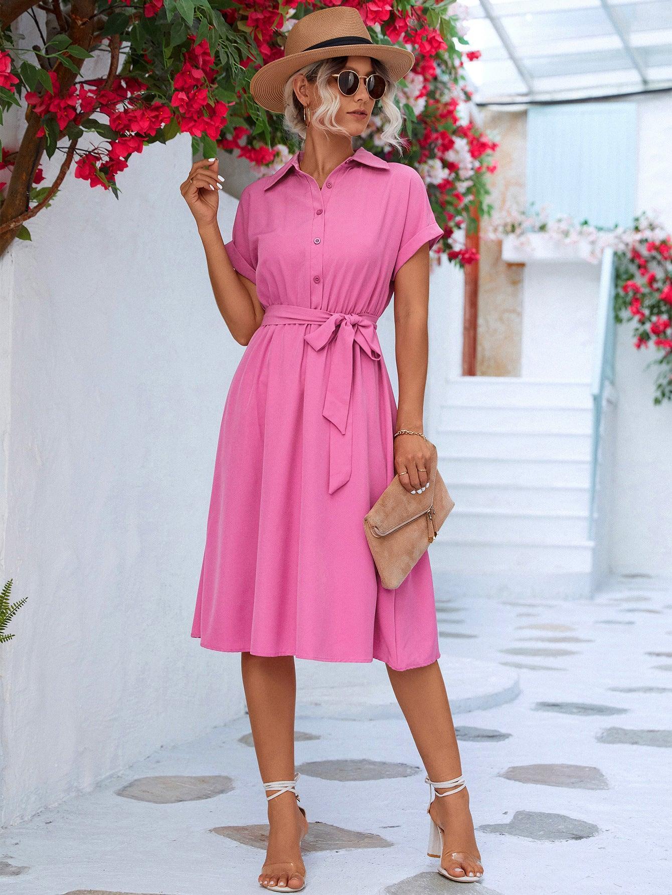 Charming Belted Short Sleeve Shirt Dress - MXSTUDIO.COM