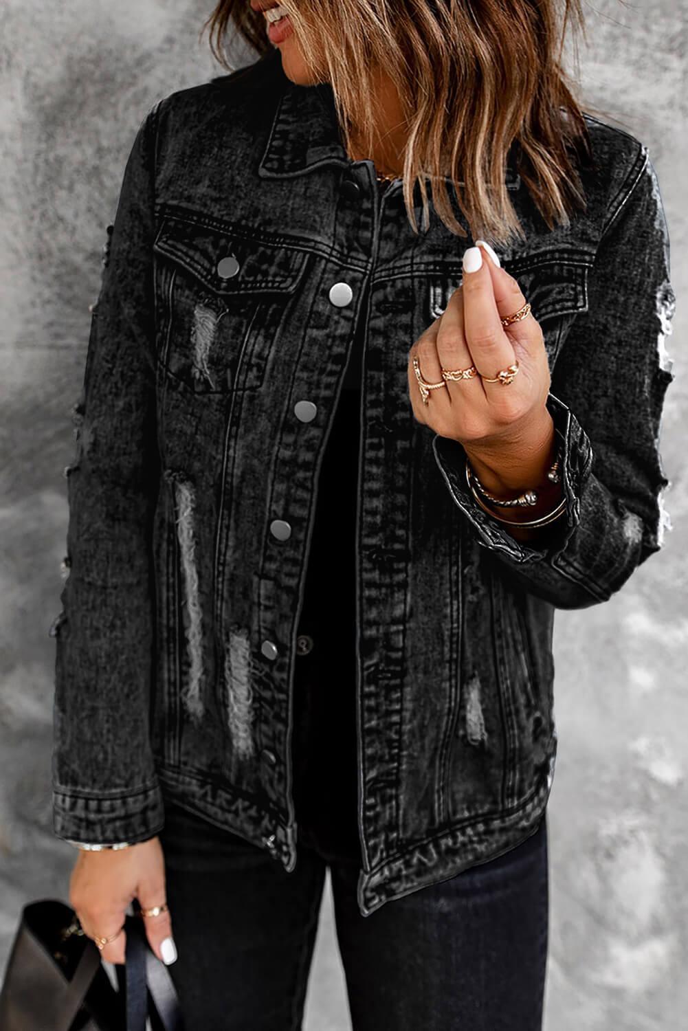 Charming Distressed Denim Jacket with Pockets - MXSTUDIO.COM