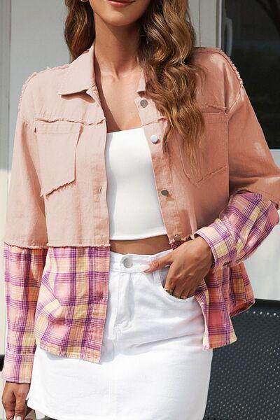 Charming Raw Hem Pink Plaid Jacket-MXSTUDIO.COM