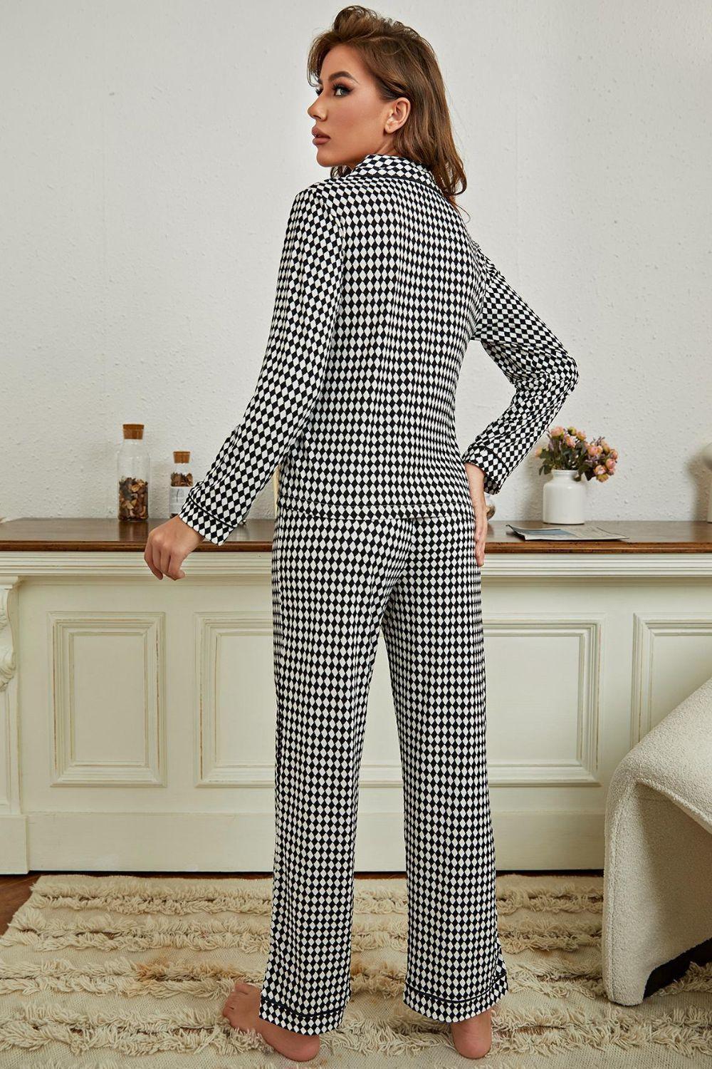 Checkered Long Sleeve Shirt And Pants Lounge Set - MXSTUDIO.COM
