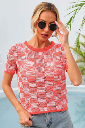 Cheer Up Checkered Knit T-Shirt - MXSTUDIO.COM