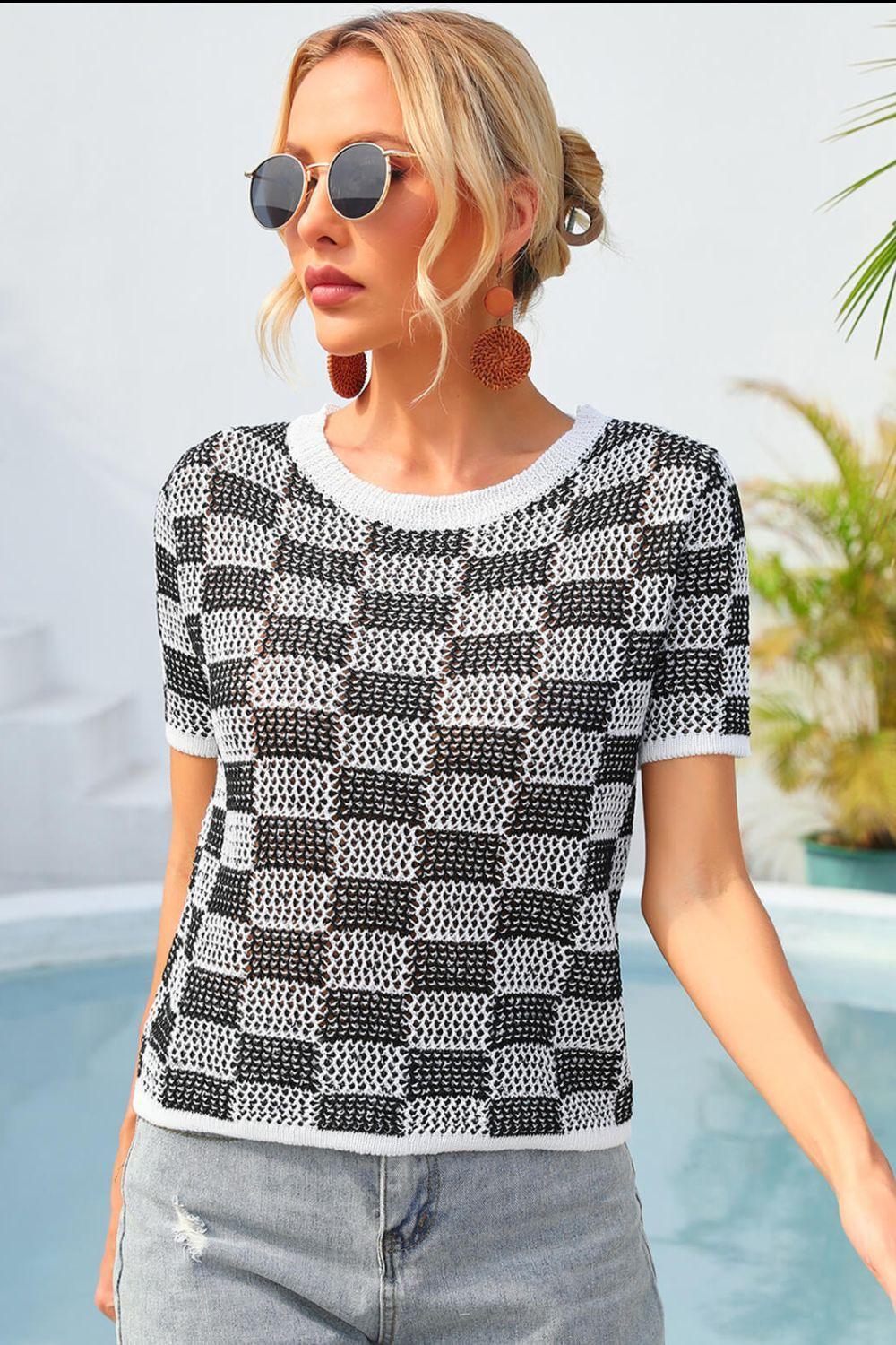 Cheer Up Checkered Knit T-Shirt - MXSTUDIO.COM