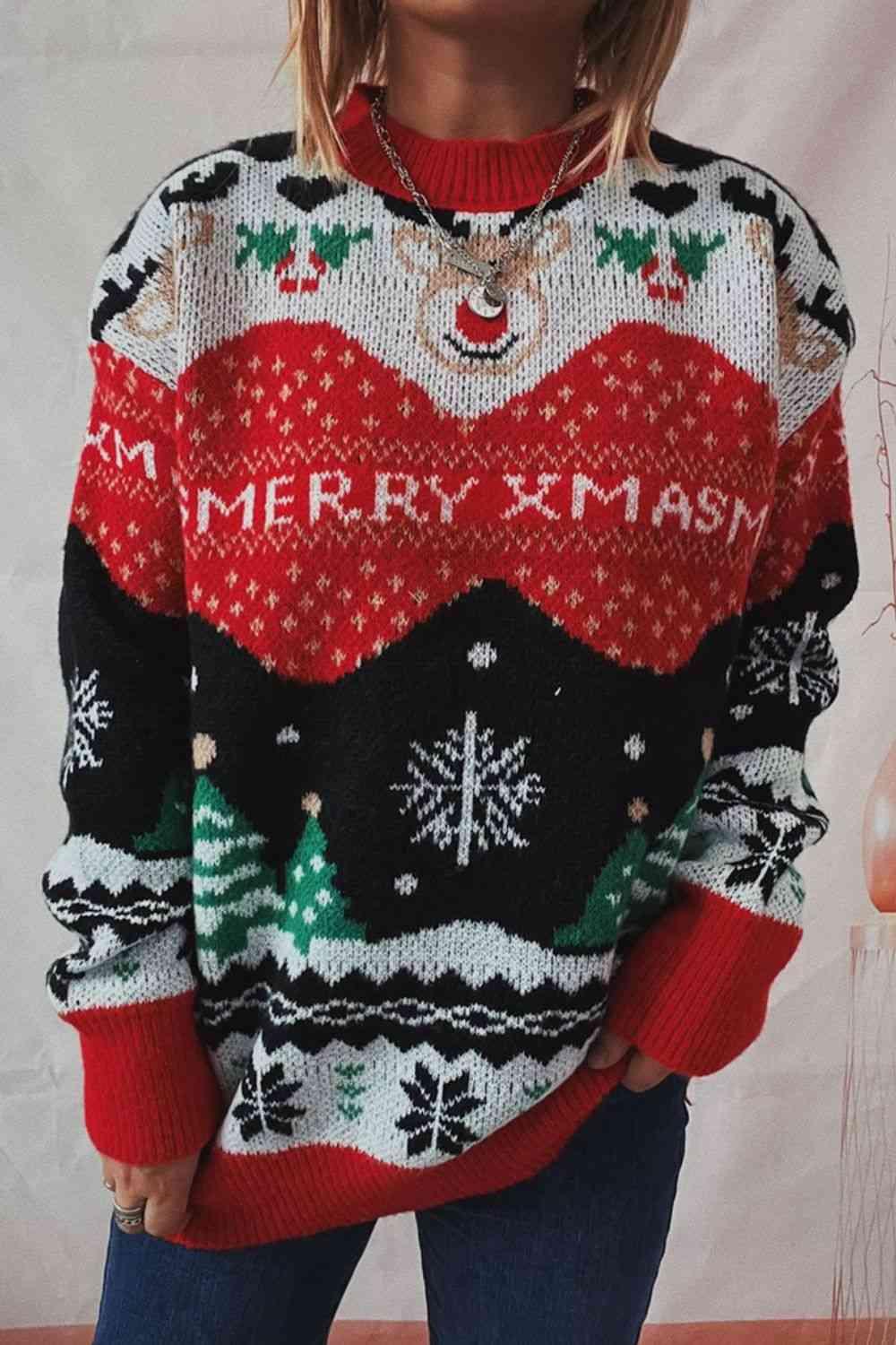 Cheerful Element Long Sleeve Christmas Sweater-MXSTUDIO.COM