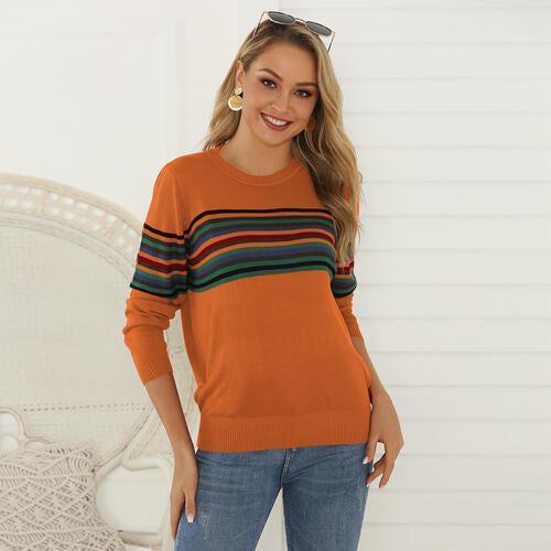 Cheerful Fall Crew Neck Striped Sweater-MXSTUDIO.COM