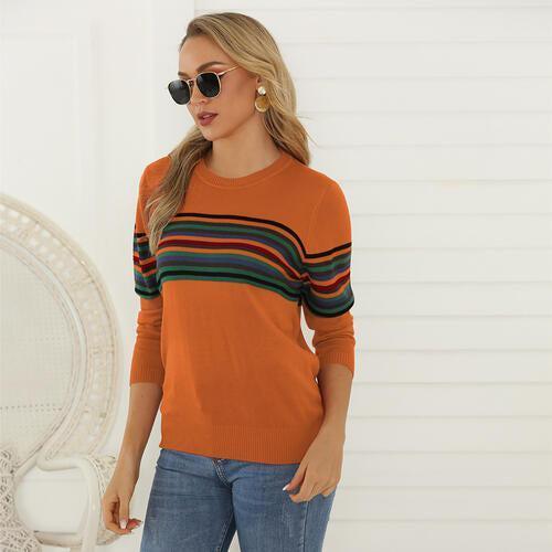 Cheerful Fall Crew Neck Striped Sweater-MXSTUDIO.COM