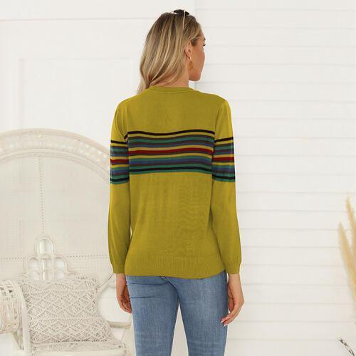 Cheerful Fall Crew Neck Striped Sweater-MXSTUDIO.COM