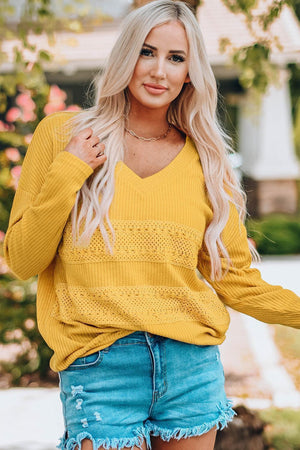 Cheerful Lace V-Neck Long Sleeve T-Shirt - MXSTUDIO.COM