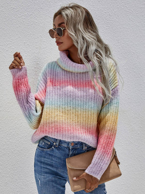 Cheerful Rainbow Rib-Knit Drop Shoulder Sweater - MXSTUDIO.COM