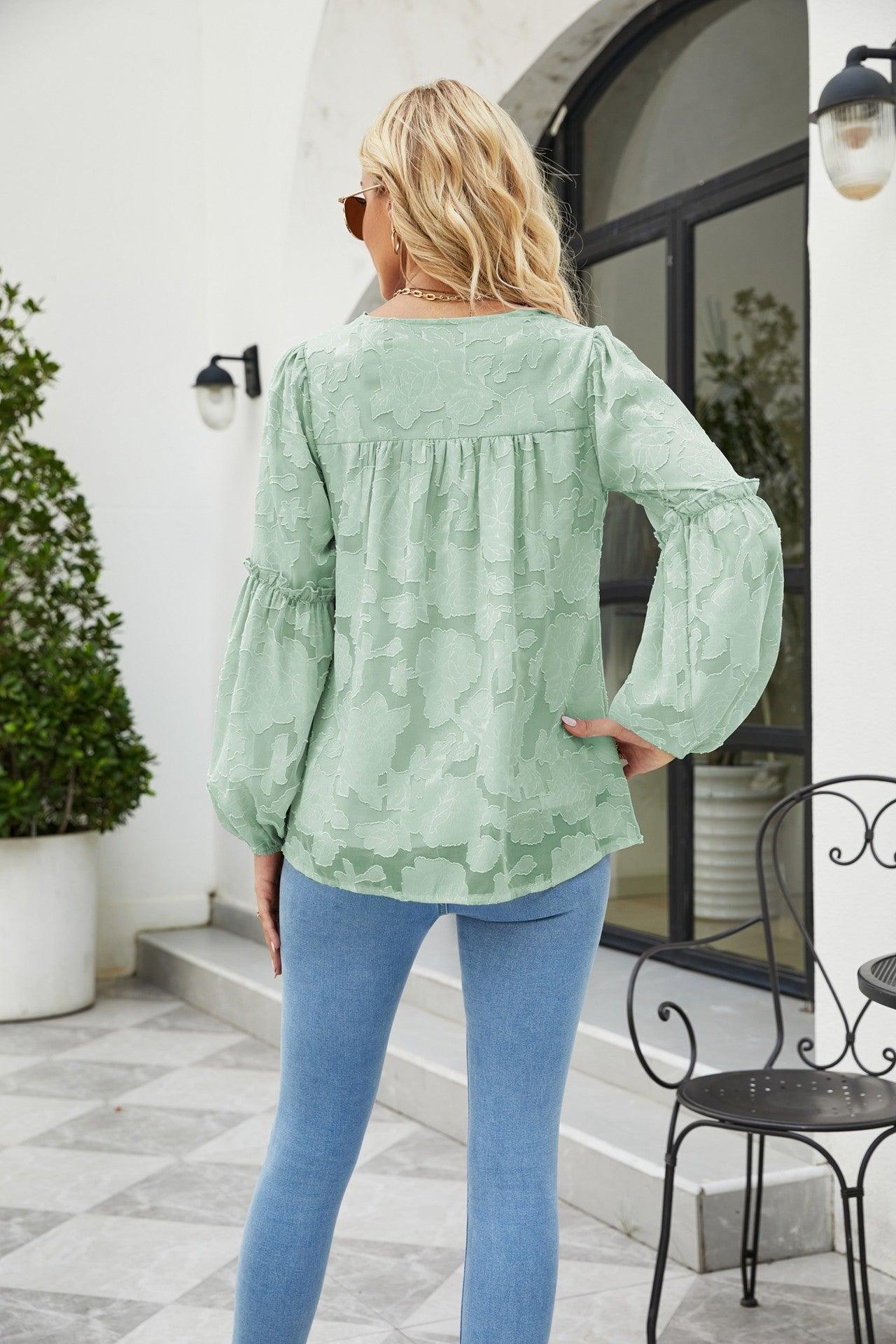 Cherish Life V Neck Lantern Sleeve Blouse - MXSTUDIO.COM