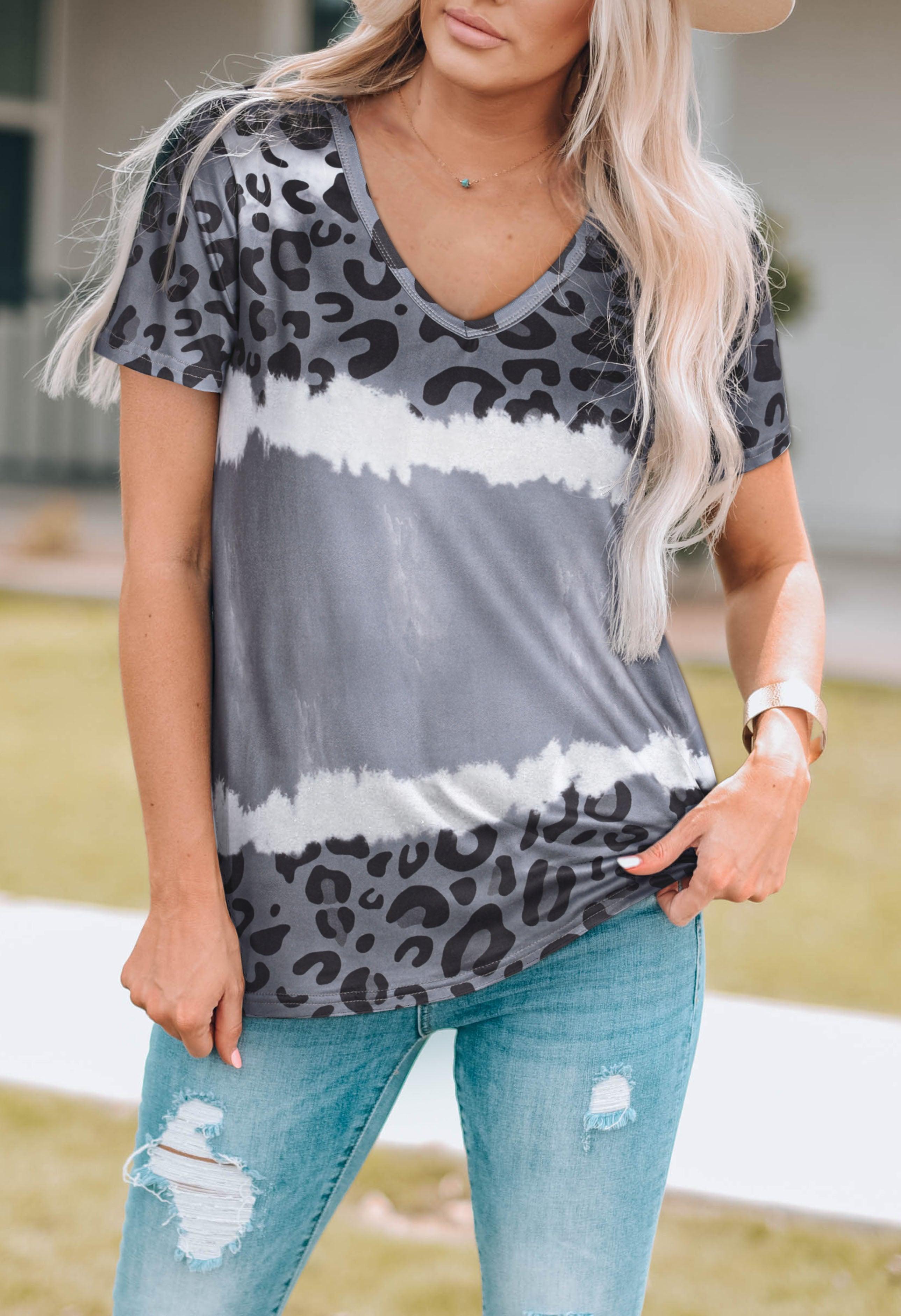 Cherish Life V Neck Leopard Print Tee Shirt - MXSTUDIO.COM