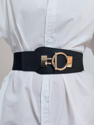 Cherish Yourself Alloy Buckle PU Wide Stretch Waist Belt - MXSTUDIO.COM