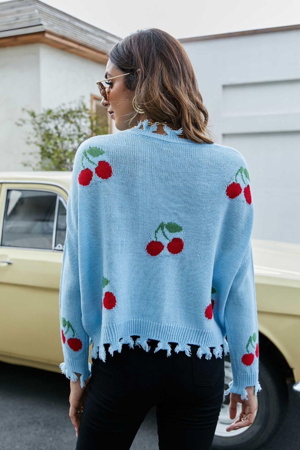 Cherry Pattern V-Neck Frayed Sweater - MXSTUDIO.COM