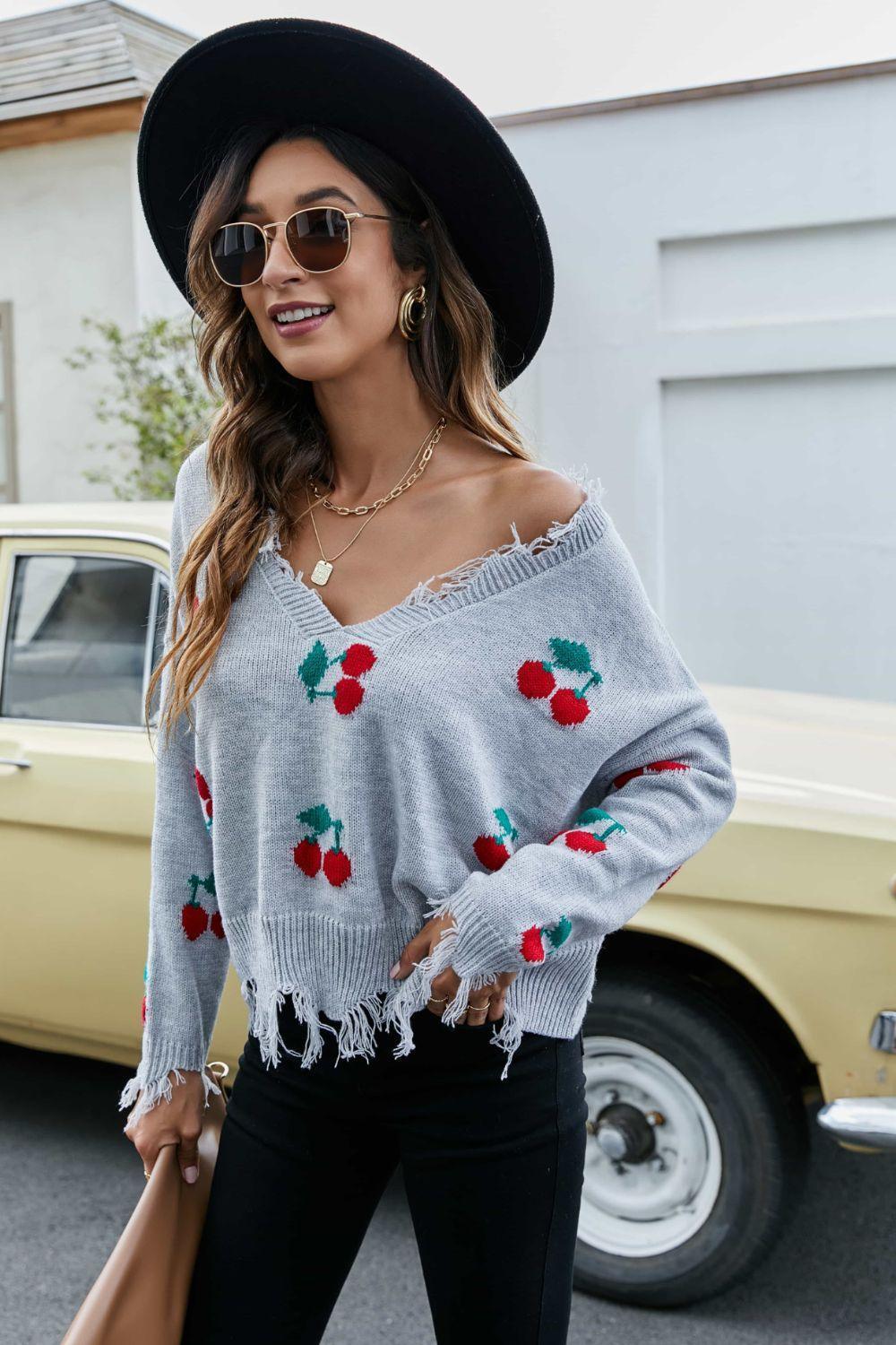 Cherry Pattern V-Neck Frayed Sweater - MXSTUDIO.COM