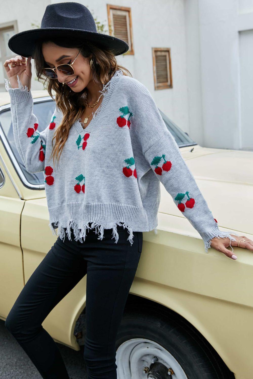 Cherry Pattern V-Neck Frayed Sweater - MXSTUDIO.COM