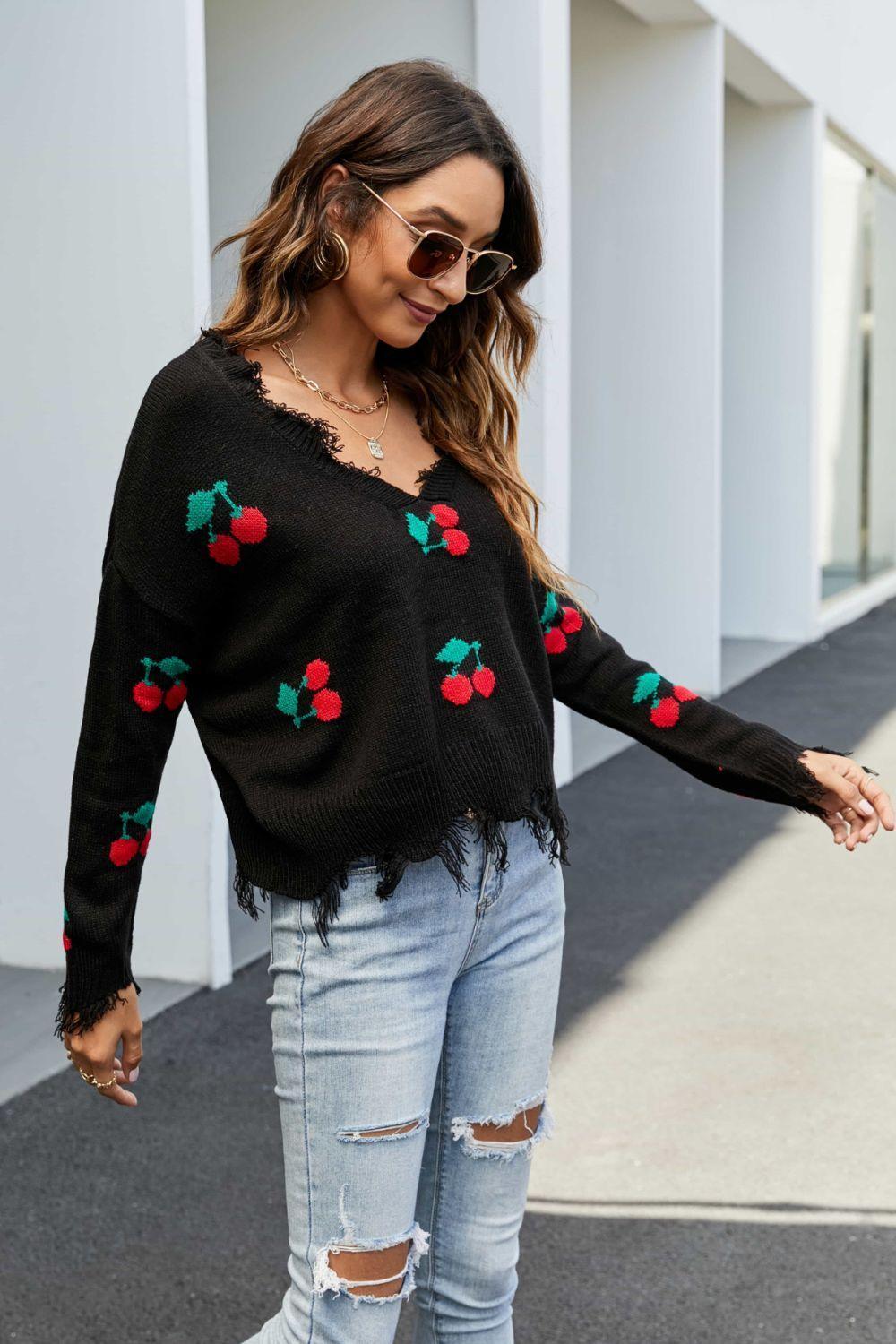 Cherry Pattern V-Neck Frayed Sweater - MXSTUDIO.COM