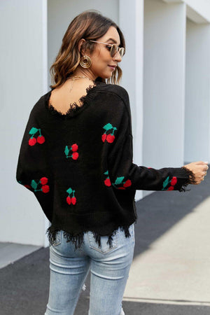 Cherry Pattern V-Neck Frayed Sweater - MXSTUDIO.COM