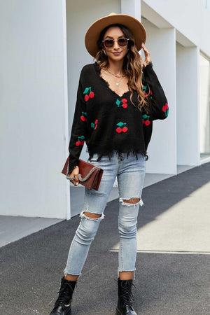 Cherry Pattern V-Neck Frayed Sweater - MXSTUDIO.COM