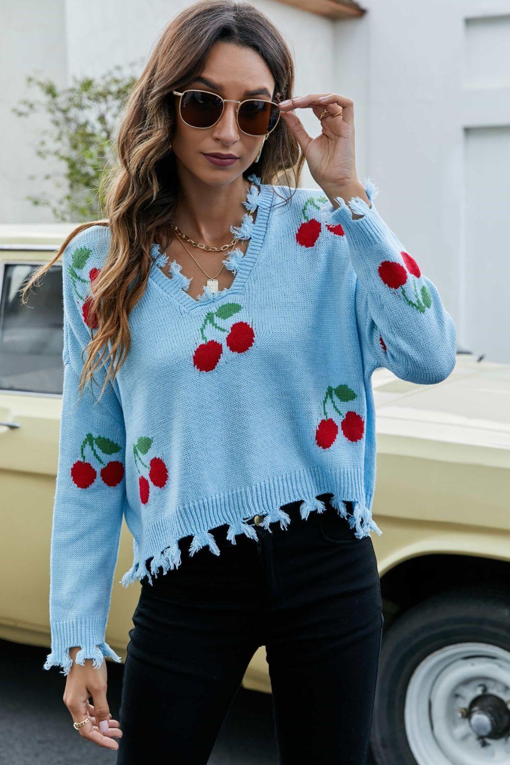 Cherry Pattern V-Neck Frayed Sweater - MXSTUDIO.COM