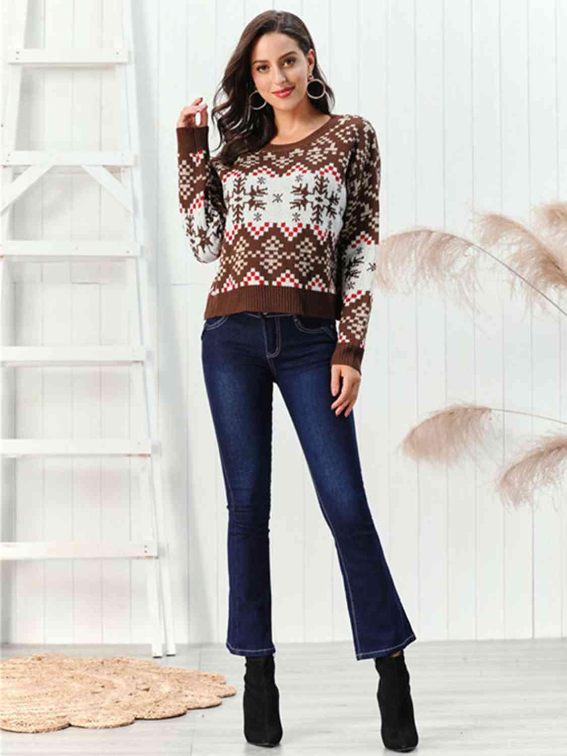 Chestnut Brown Snowflake Christmas Sweater-MXSTUDIO.COM