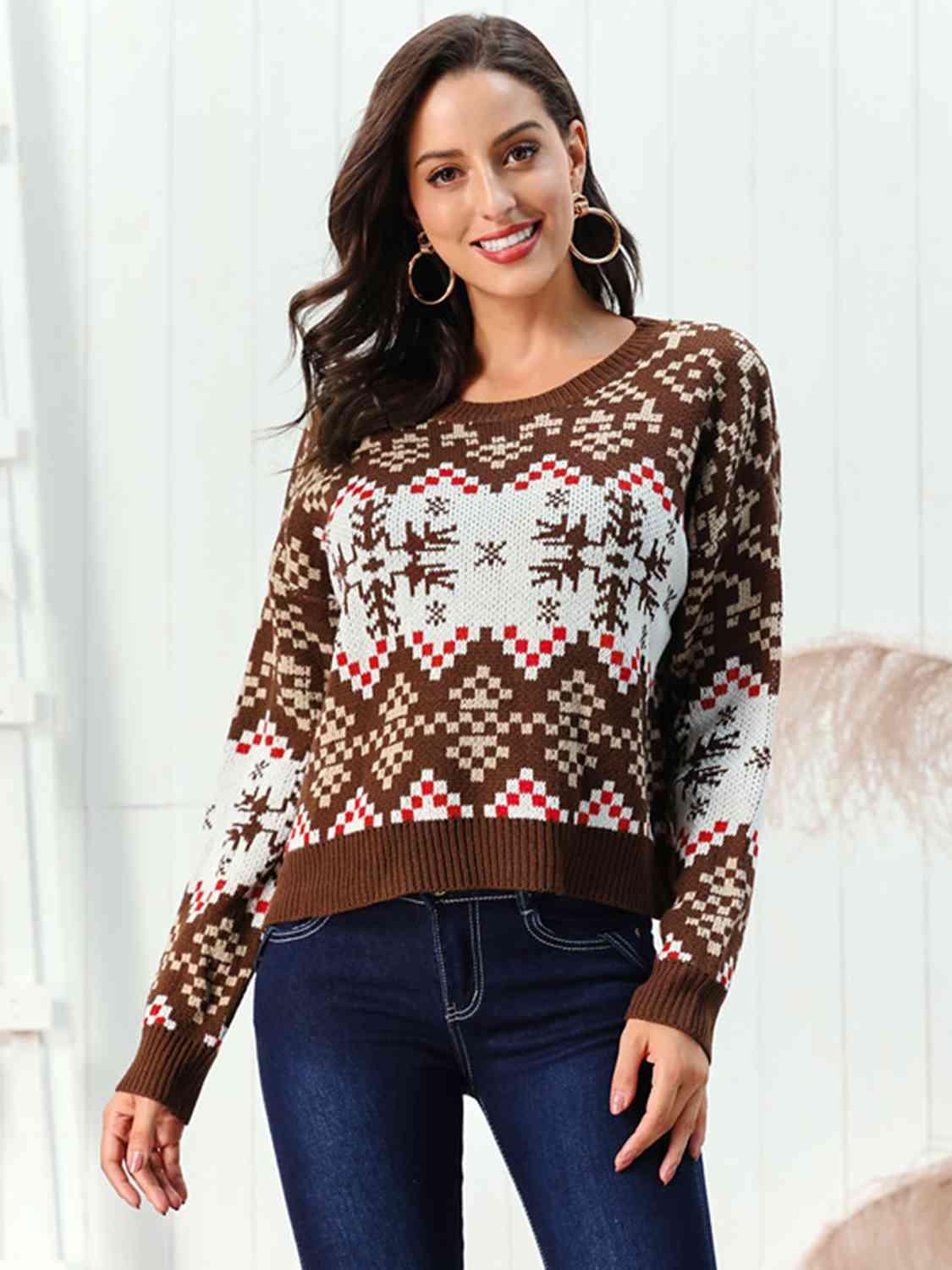 Chestnut Brown Snowflake Christmas Sweater-MXSTUDIO.COM