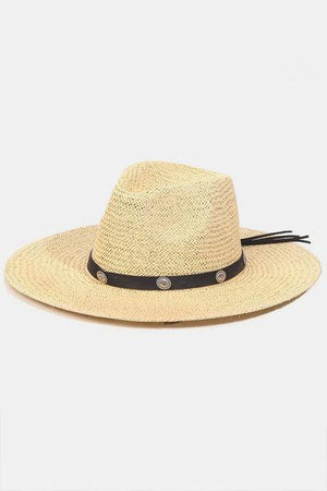 a straw hat with a black ribbon around the brim