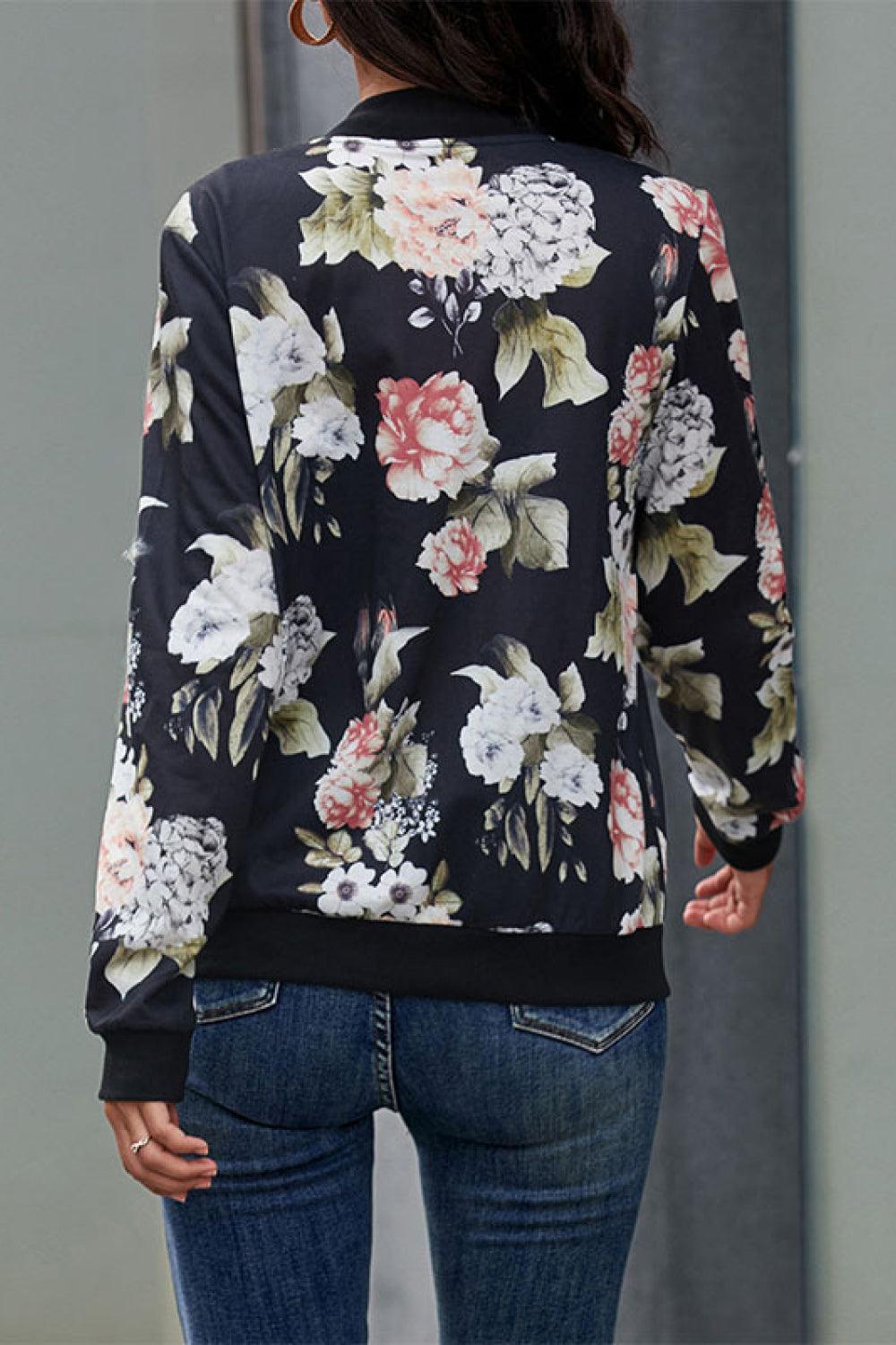 Chic Black Flower Print Bomber Jacket - MXSTUDIO.COM