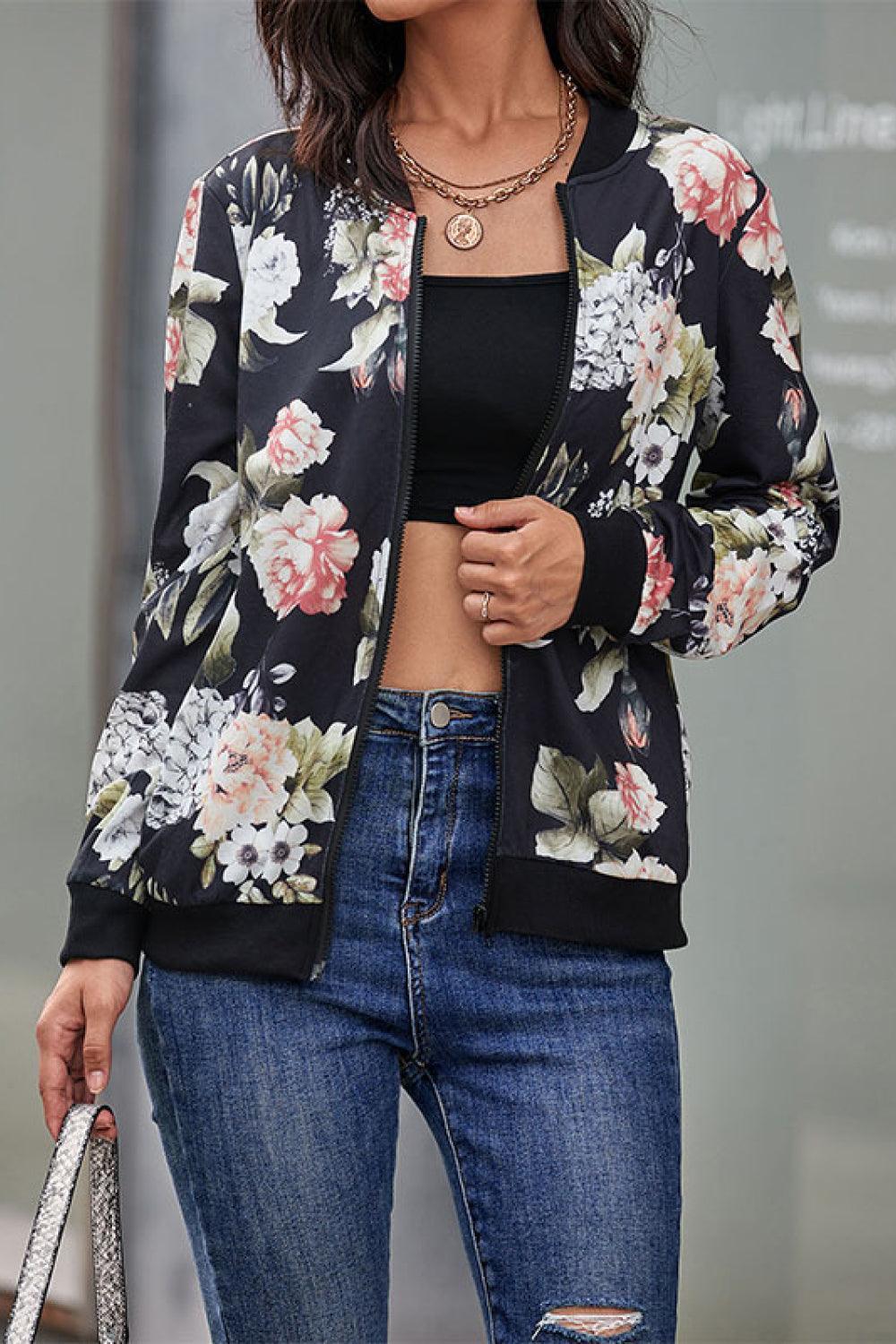 Chic Black Flower Print Bomber Jacket - MXSTUDIO.COM